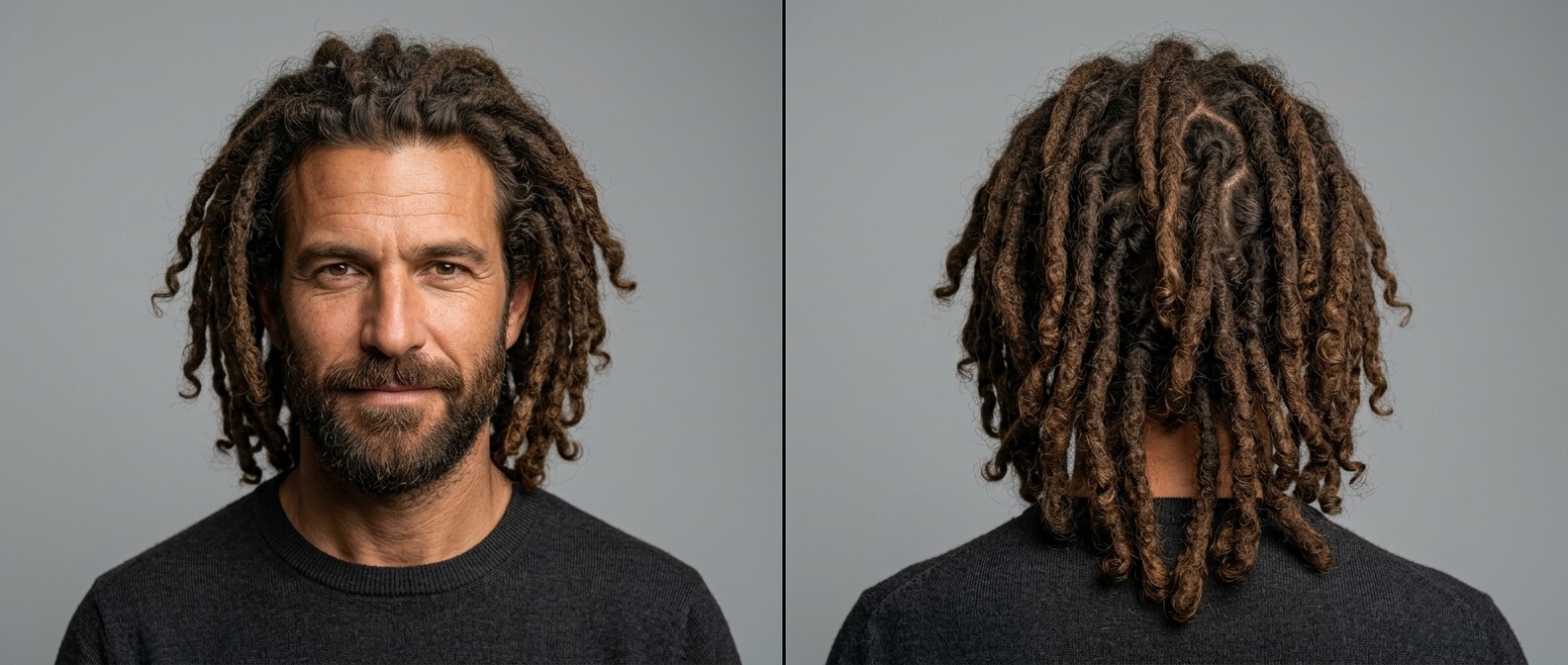 Front and back view of a mature Caucasian man with a neat beard sporting shoulder-length natural brown dreadlocks with loose curly ends.