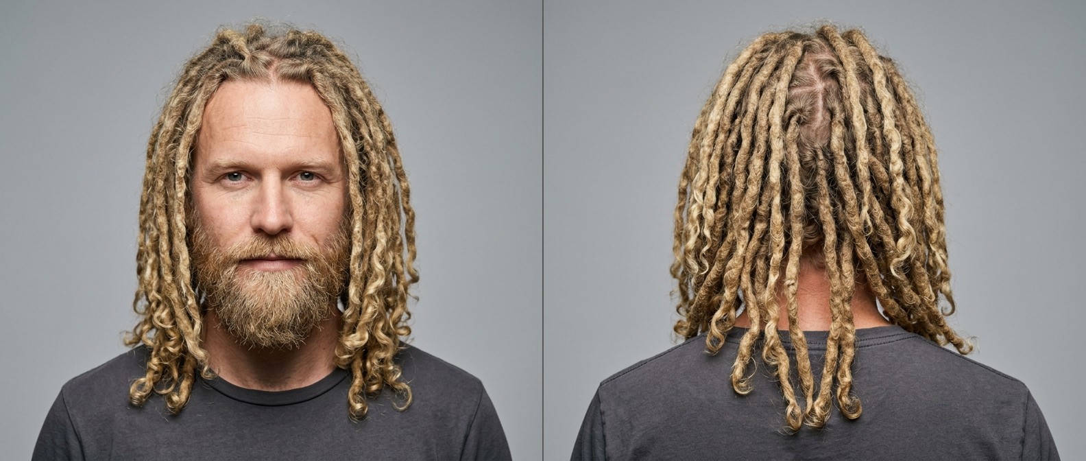 Caucasian man aged 35-45 with long blonde dreadlocks featuring loose curly ends, paired with a full, well-groomed beard against a grey background.