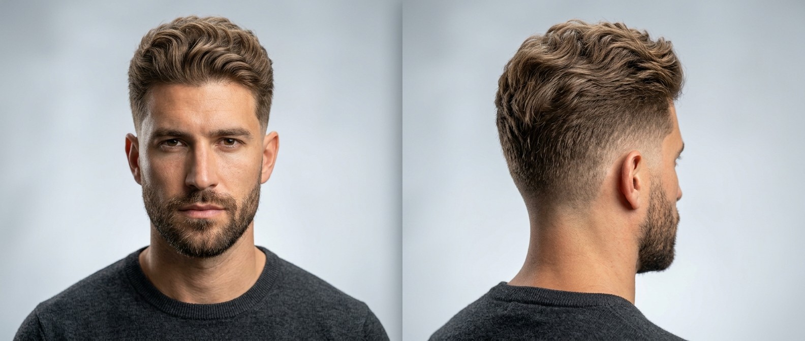 Young man with olive skin and a short beard modeling a textured wavy drop fade haircut, featuring thick light brown hair swept back into a casual quiff.