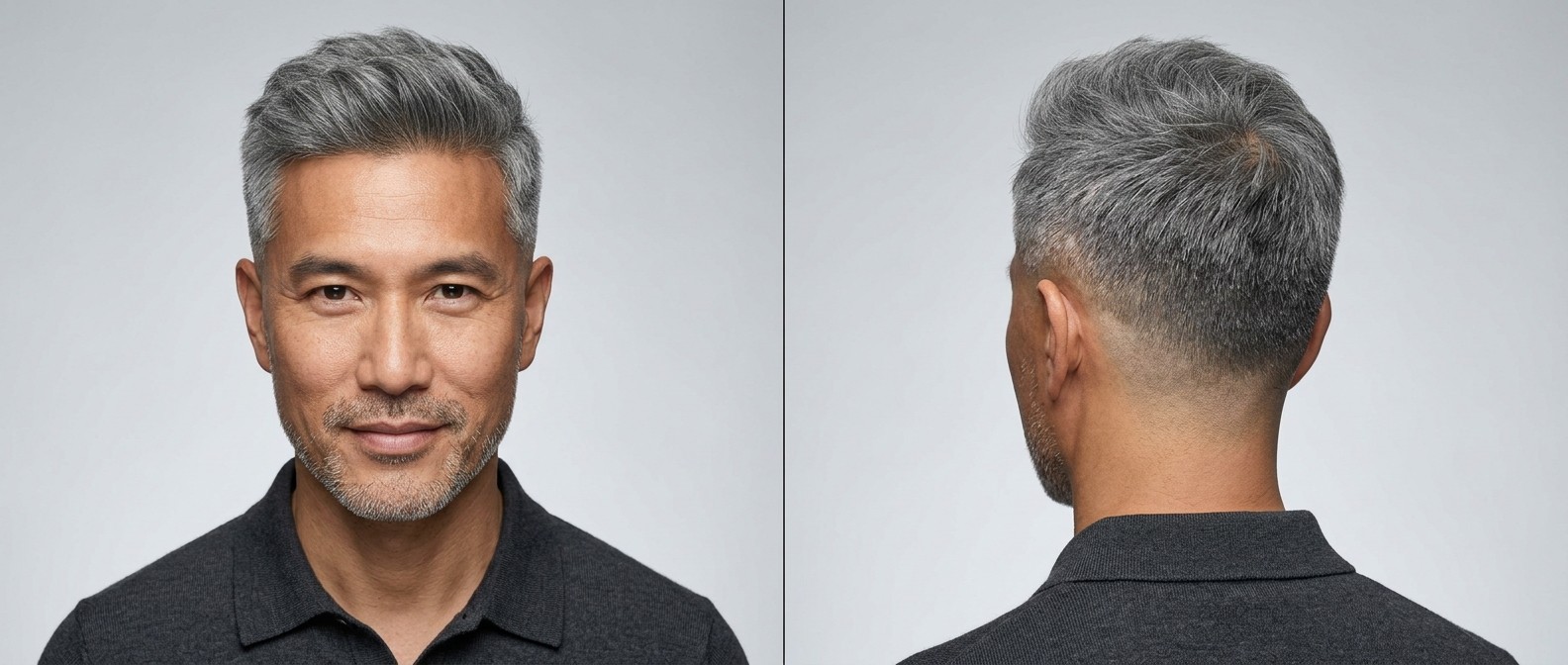 Mature Asian man with thick gray hair styled in a modern drop fade with a short, textured, and slightly swept-up top, alongside neat facial stubble.