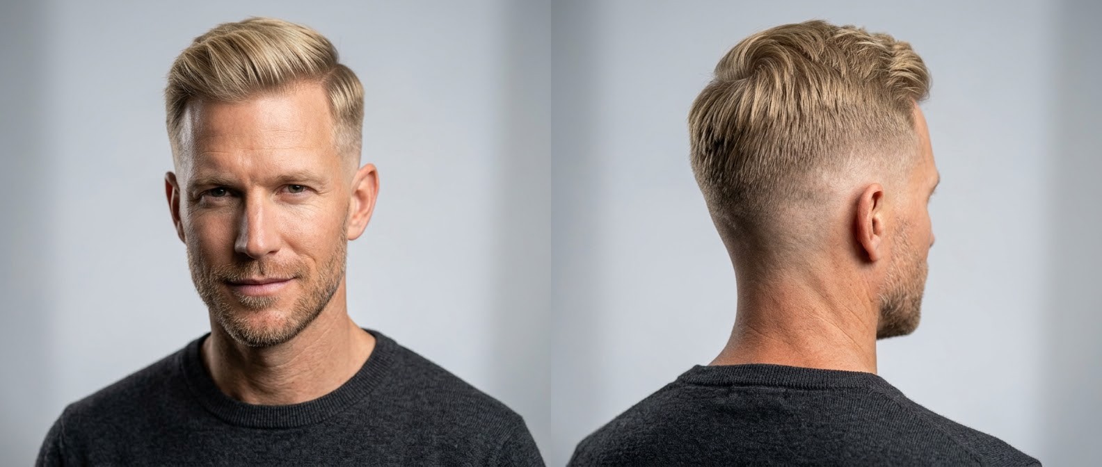Front and back view of a 40-year-old blonde man with a textured swept-back top and a clean drop fade, perfectly styled for fine straight hair.