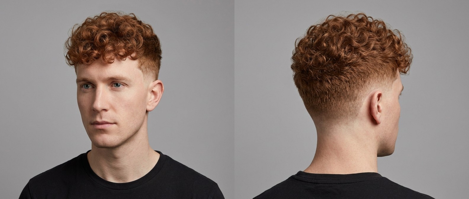 Homem jovem com cabelo cacheado ruivo, fade lateral na pele e franja frontal, ideal para disfarçar entradas.