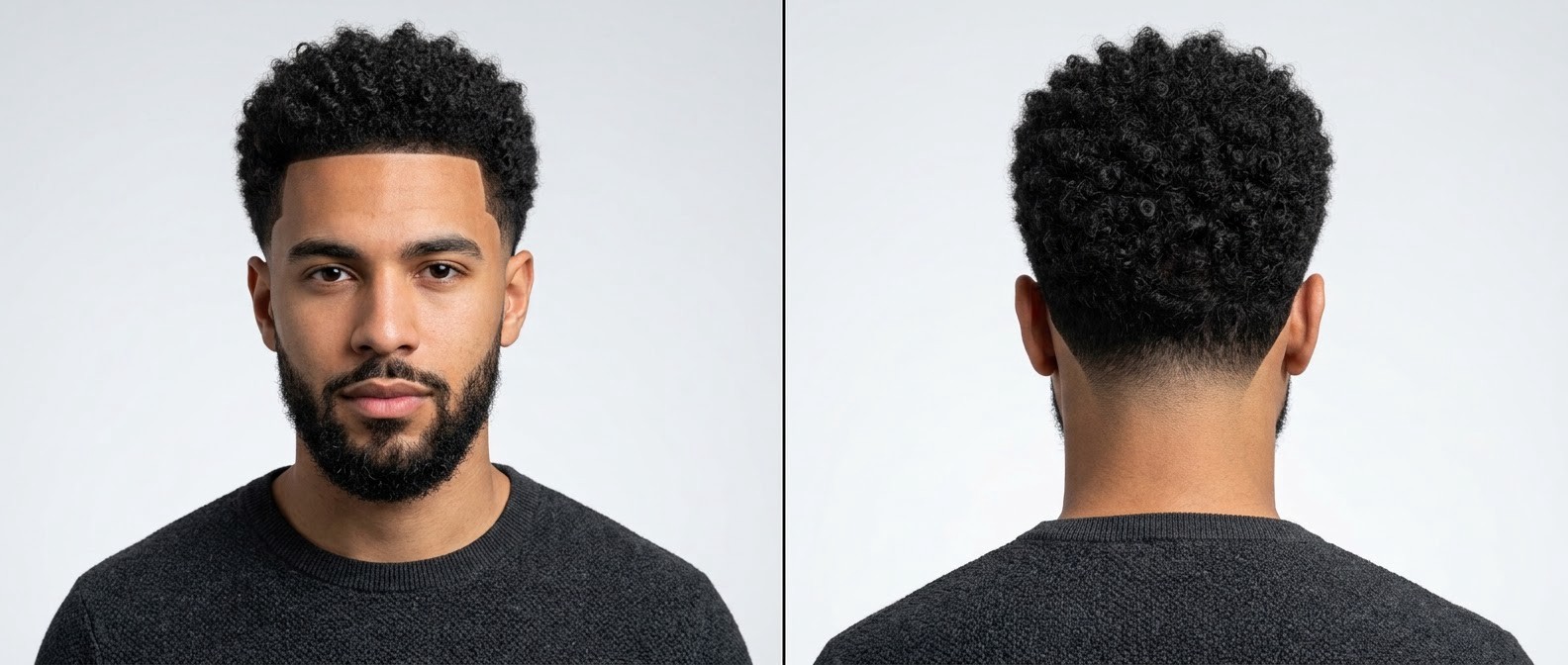 Front and back view of a young man with a sharp line-up, very curly Type 4 hair on top, a clean drop fade, and a neatly groomed full beard.