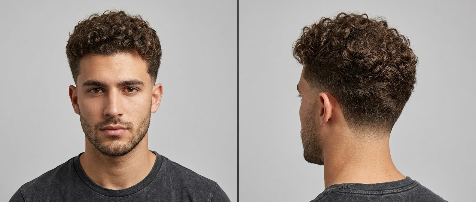 Young Caucasian man with a curly drop fade, featuring medium-length brown ringlets on top, skin-faded sides, and light facial stubble.