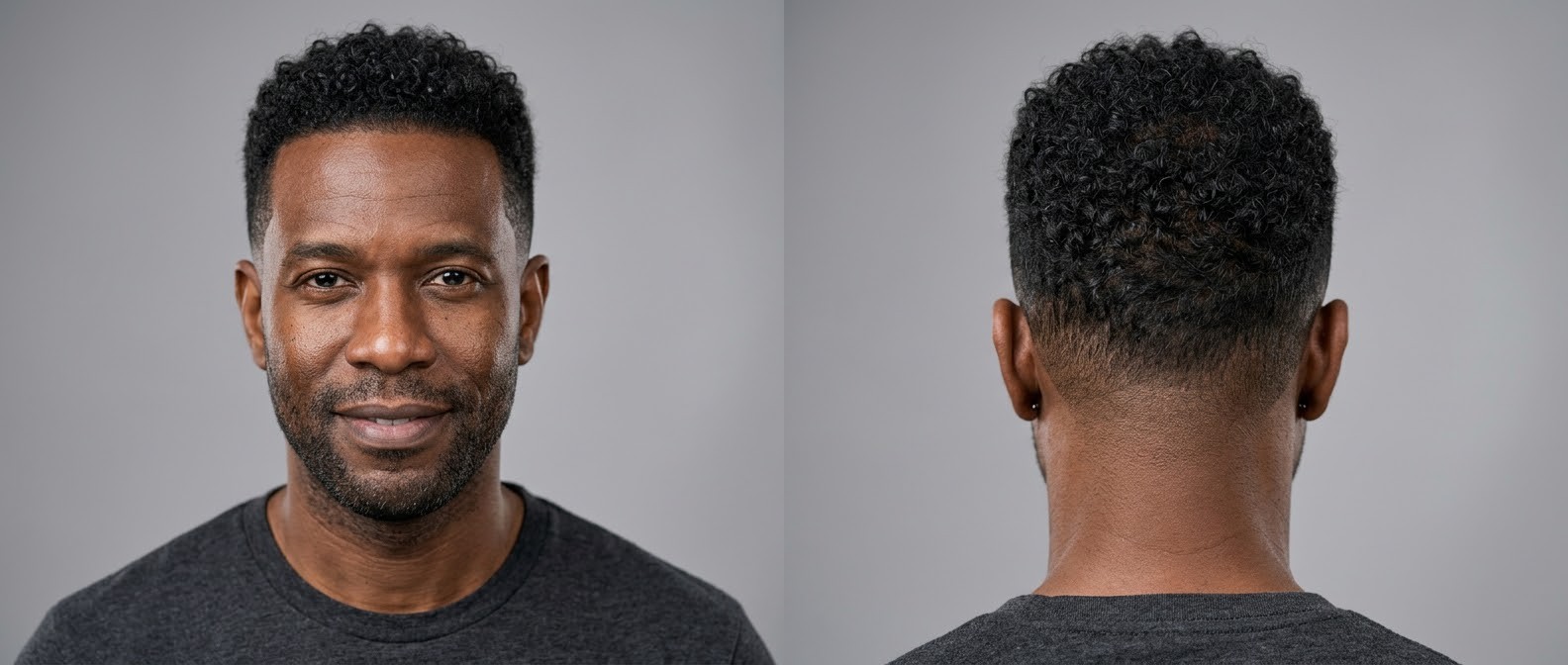 Mature Black man with a sharp curly drop fade, neat edge-up, and facial stubble, shown from the front and back against a grey background.