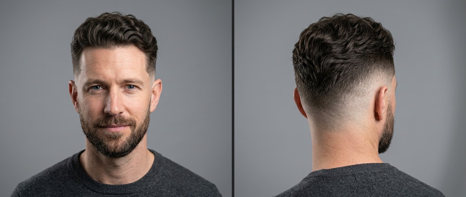 Front and back view of a Caucasian man aged 35-45 modeling a wavy drop fade haircut with a short textured top, widow's peak, and short beard.