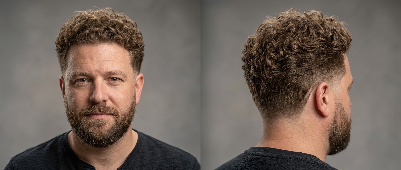 Vue de face et profil d'un homme mûr avec une coupe drop fade pour cheveux bouclés, dessus mi-long volumineux et barbe soignée.