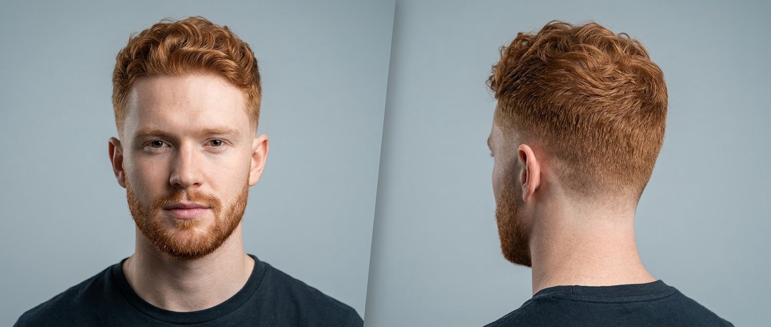 Young Caucasian man with red hair showcasing a wavy textured drop fade, short top, and a neatly groomed beard on a light gray background.