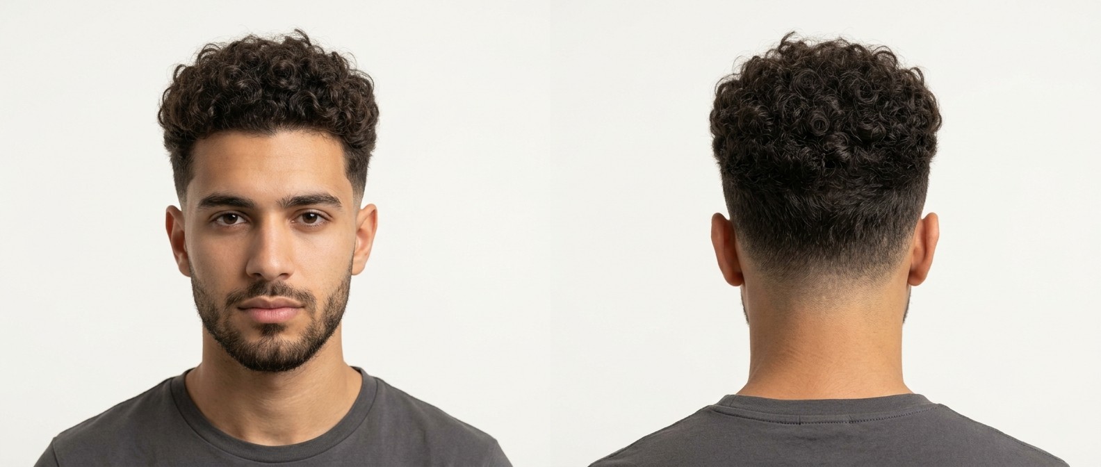 Vista frontal e traseira de um jovem com corte curly drop fade, destacando cachos castanhos definidos no topo e barba curta bem feita.