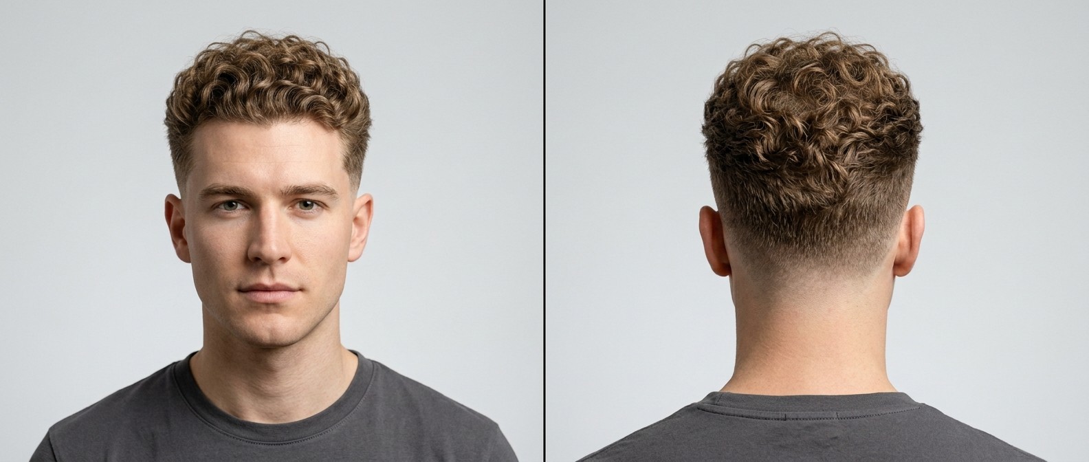 Vista frontal e lateral de um jovem profissional com cabelo cacheado tipo 3, corte drop fade e topo texturizado.