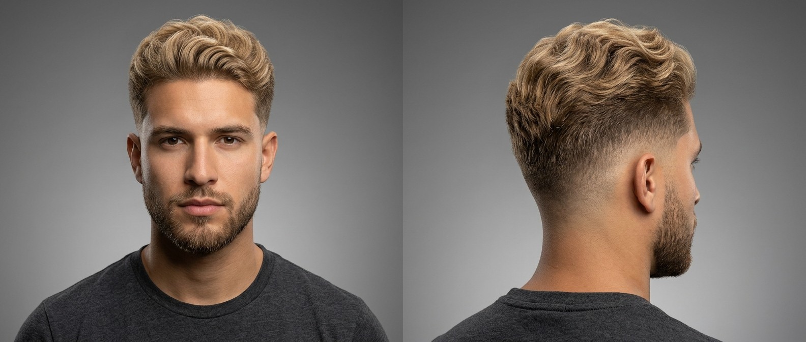 Modelo masculino loiro com corte drop fade texturizado, ondas volumosas e barba curta bem desenhada.