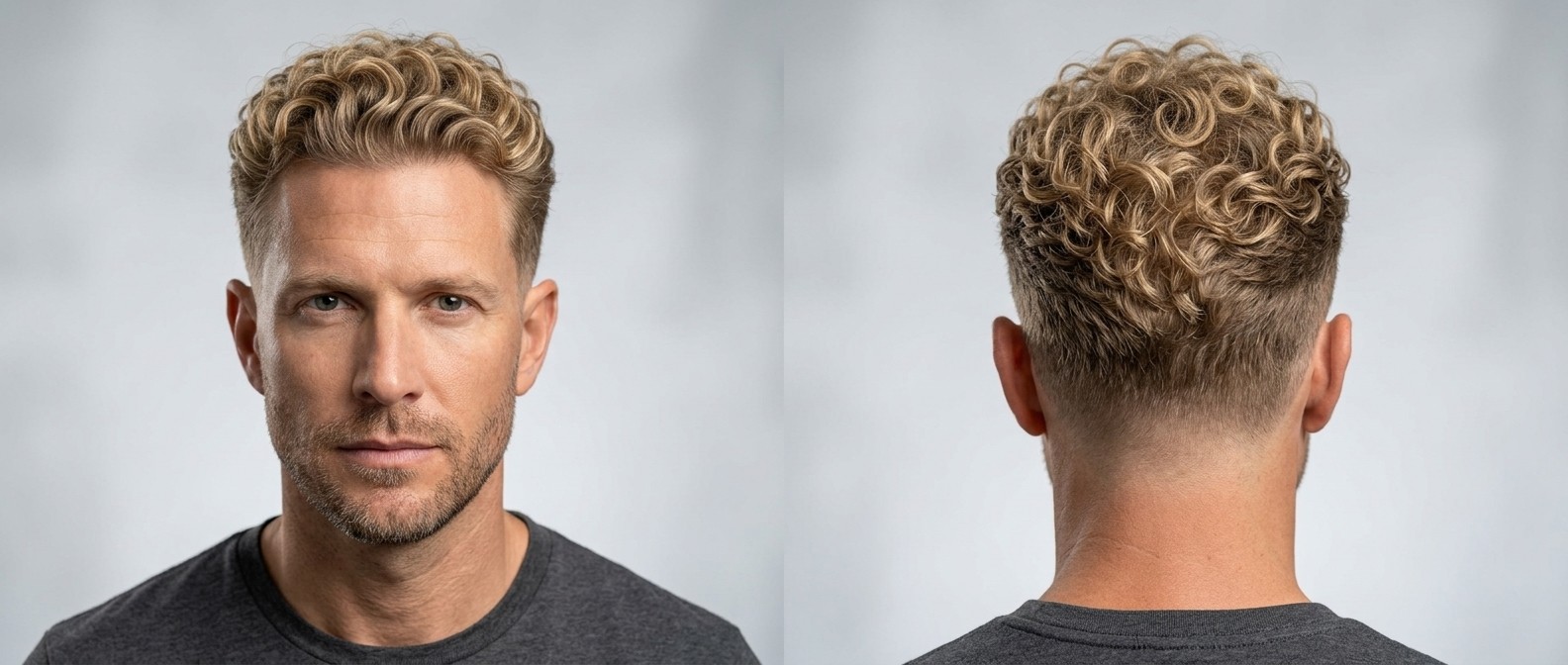 Vista frontal e lateral de um homem de 45 anos com corte curly drop fade loiro, topo texturizado, entradas leves e barba por fazer.