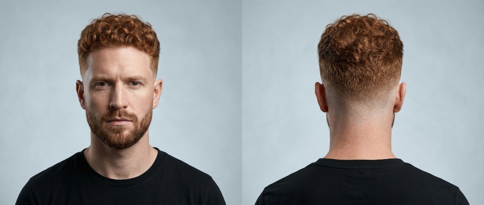 Vista frontal e traseira de um homem com cabelo ruivo cacheado, degradê baixo e barba bem aparada.