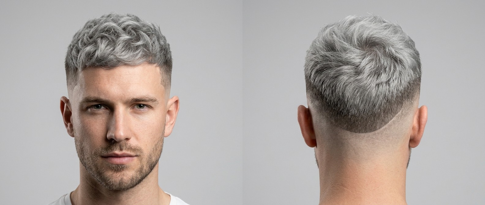 Homem jovem com corte textured crop prateado, ondas naturais e mid drop fade, com franja reta e barba por fazer.