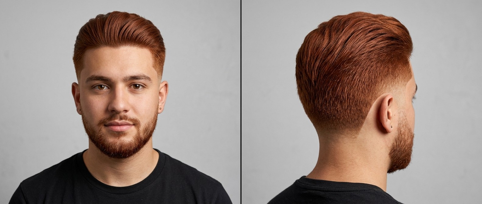 Young man with thick copper-red hair modeling a swept-back drop fade haircut and a short beard, showing front and side profile views.