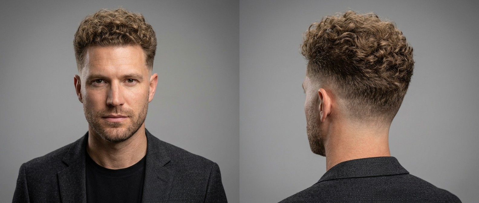 Caucasian man aged 35-45 with a rectangular face showcasing a curly drop fade, featuring thick light brown ringlets on top and a stubble beard.