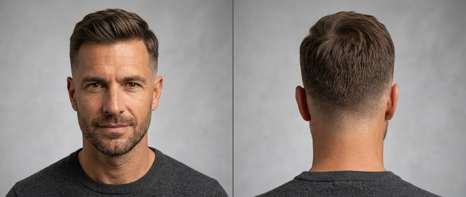 Mature Caucasian man with brown hair and stubble modeling a professional drop fade haircut with a textured, medium-length side-swept top.