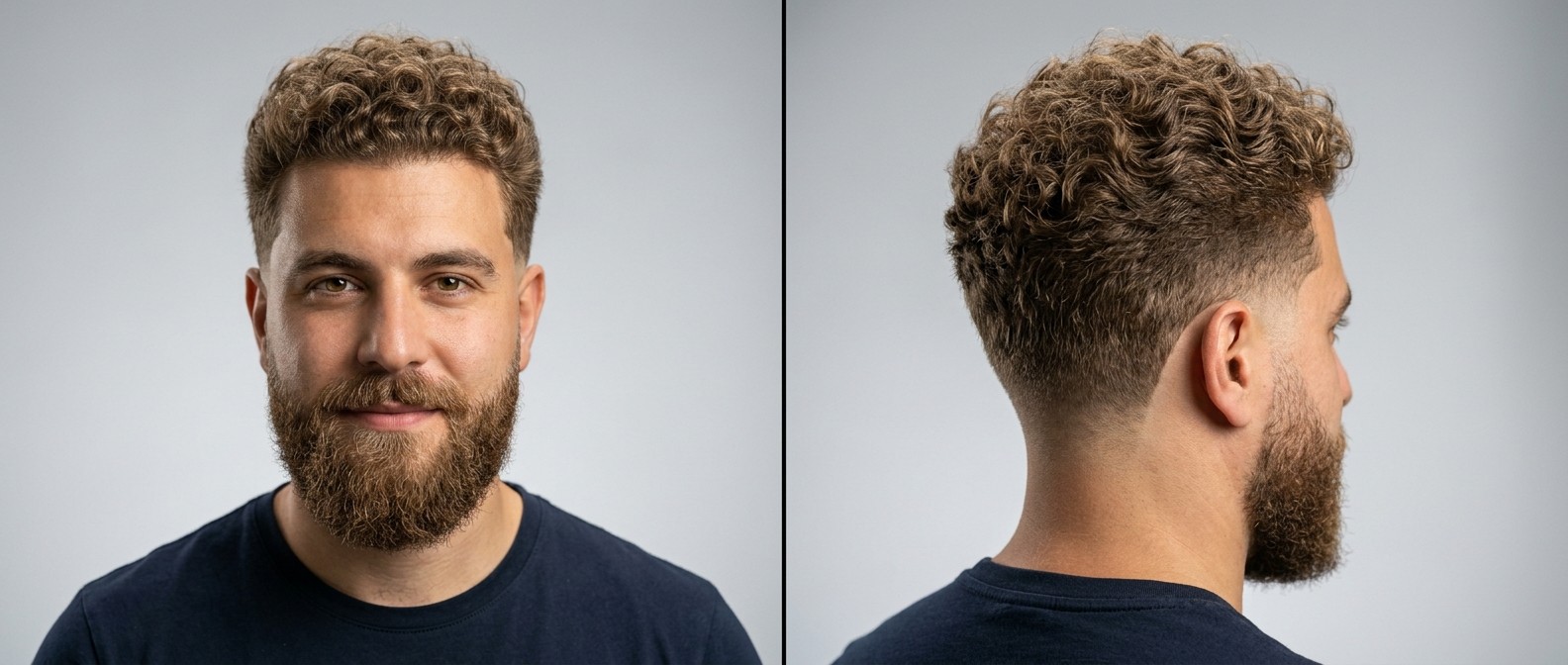 Front and side view of a young man with a curly drop fade, light brown Type 3 curls, and a seamlessly blended full beard on a grey background.