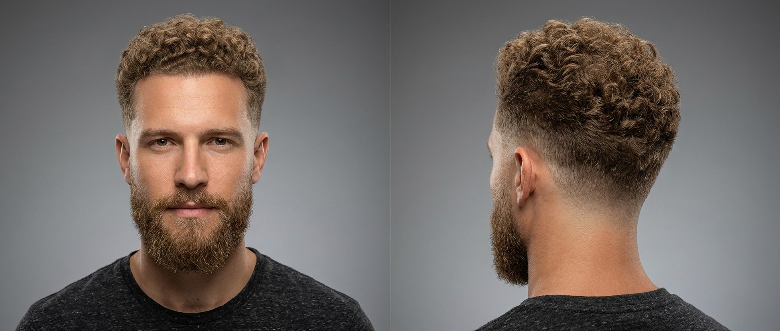 Man with medium skin and light brown tight curls featuring a fresh drop fade and seamlessly blended full beard, showing front and back angles.