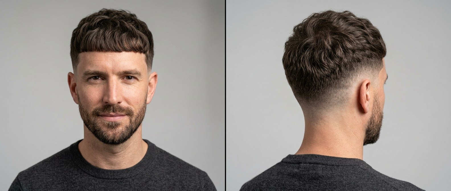 Man with dark brown wavy hair modeling a textured Edgar cut with a blunt fringe, high skin fade, and a neatly groomed short beard.