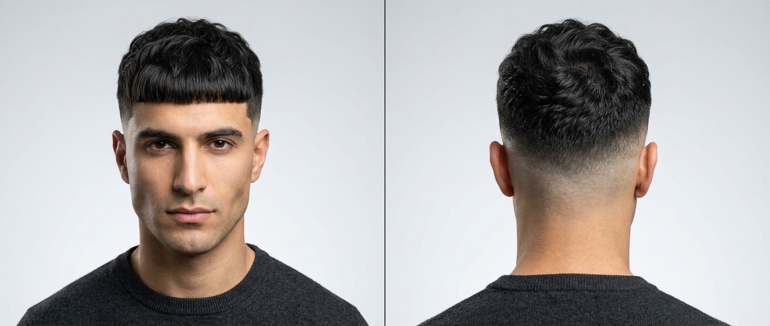 Front and back view of a young man with a wavy Edgar haircut, featuring a blunt geometric fringe, highly textured top, and a clean high skin fade.