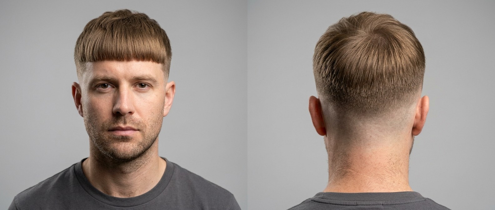 Front and back view of a Caucasian man with light brown hair sporting a sharp Edgar cut, featuring a blunt fringe and a high skin fade.