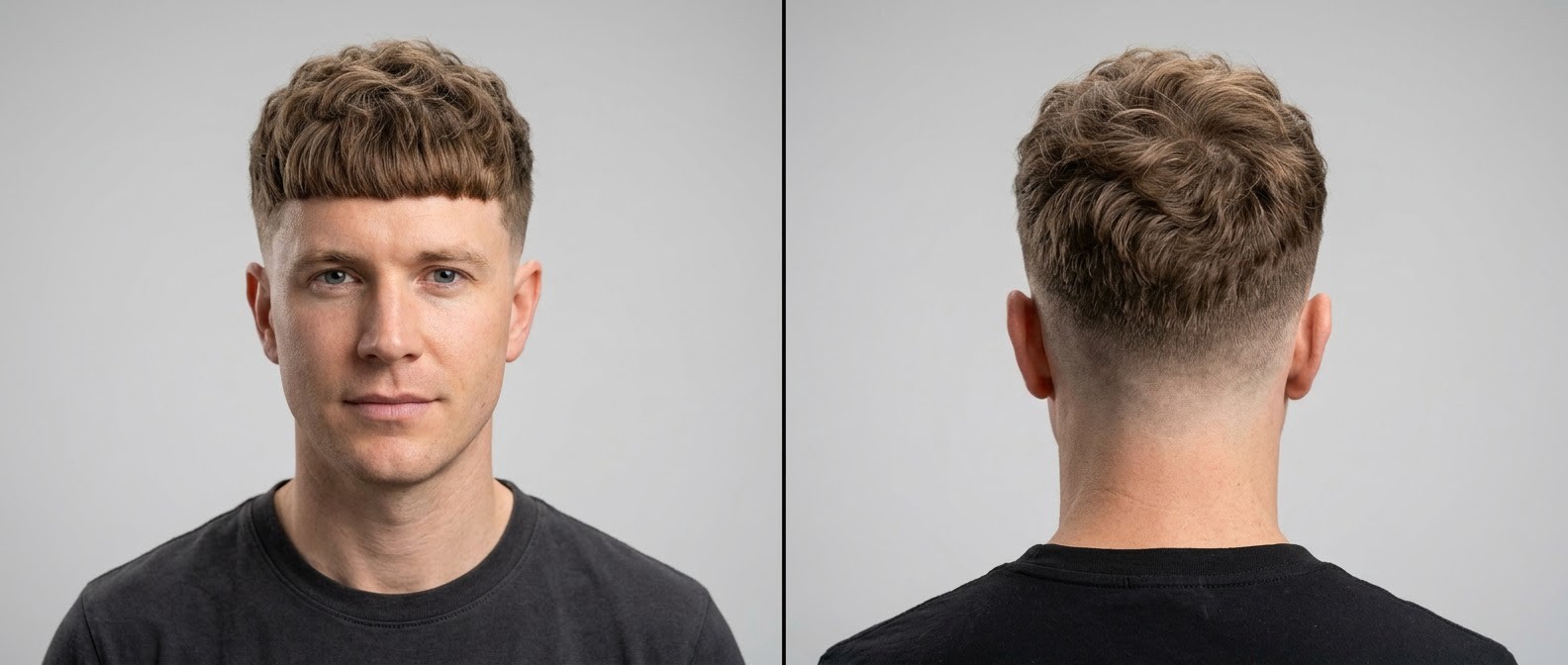 Front and back view of a man with light brown wavy hair sporting a textured Edgar cut with a blunt fringe and a clean mid drop fade on the sides.