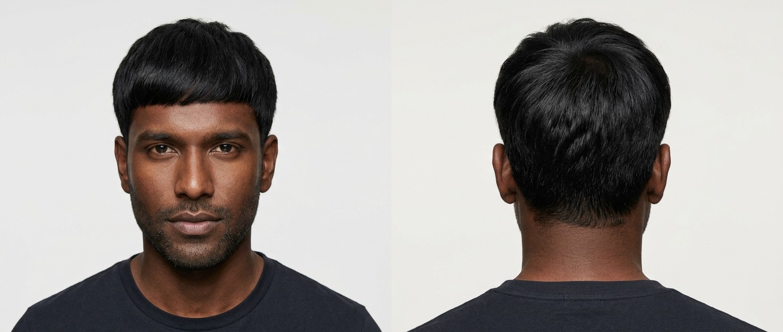 Front and back view of a dark-skinned male model with thick black hair wearing a natural Edgar cut with a blunt forward fringe and low taper.