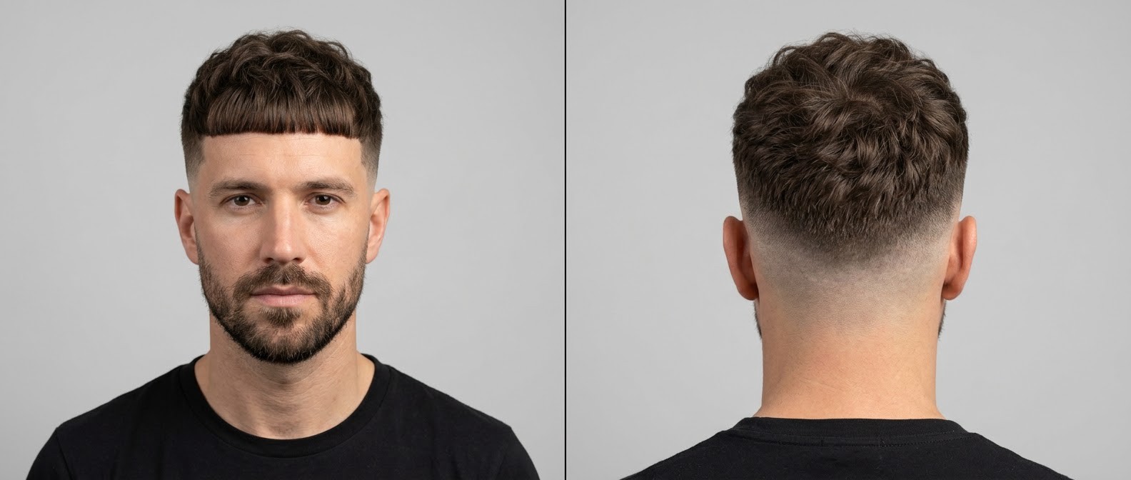 Front and back view of a 35-45 year old man with a wavy textured Edgar haircut, sharp blunt fringe, high skin fade, and a neatly trimmed beard.