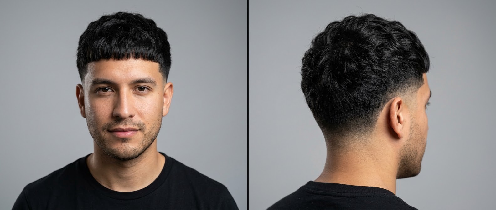 Latino man with an Edgar haircut featuring a textured wavy top, blunt straight fringe, and a clean mid skin fade on the sides and back.