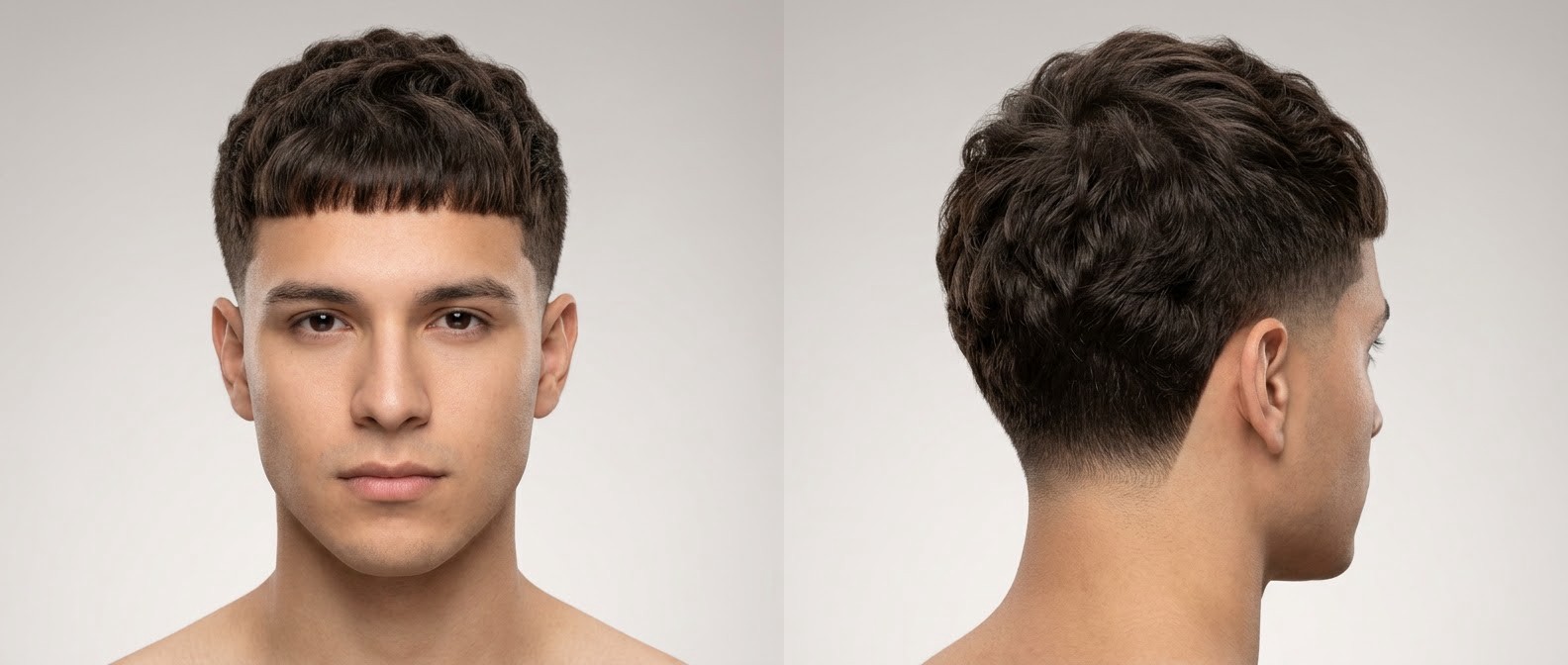 Young Latino man modeling a wavy Edgar haircut with a textured forward-flowing top, blunt straight fringe, and a clean low taper fade on the sides.