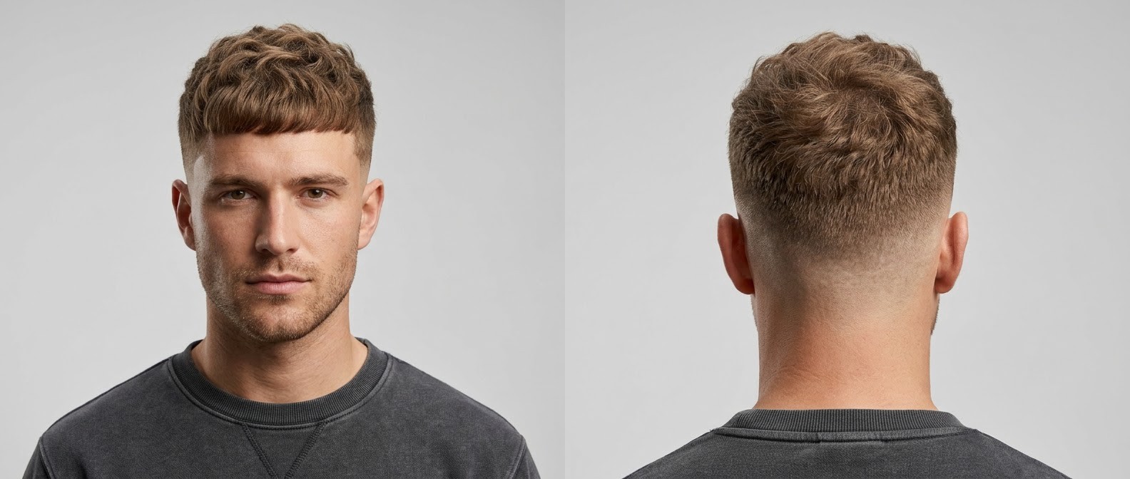 Young man with light brown, thick wavy hair modeling a textured Edgar cut featuring a blunt fringe, heavily textured top, and a crisp mid skin fade.