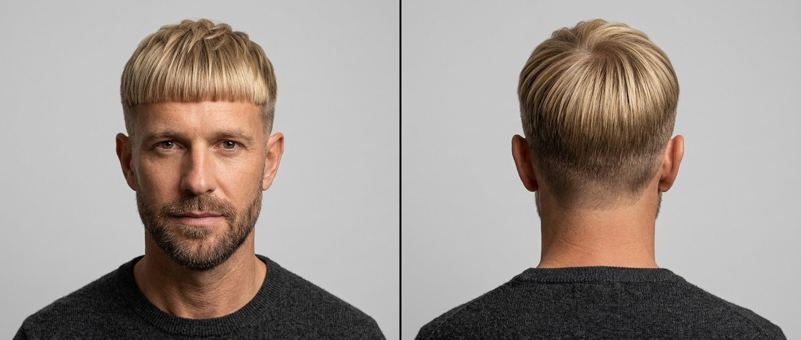 Front and back views of a man over 45 with a blonde Edgar cut, featuring a blunt fringe, disconnected high skin fade, and short beard.