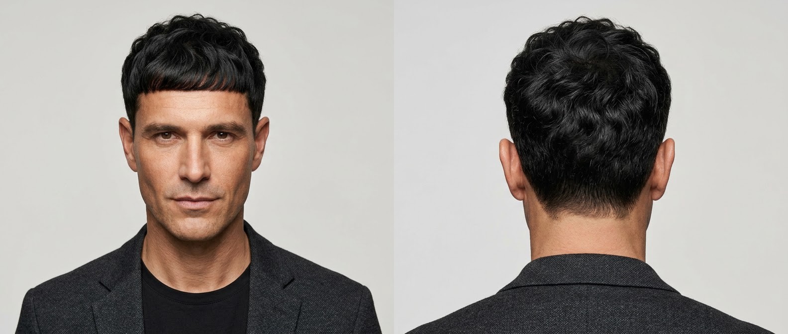 Mature man with black wavy hair modeling a textured Edgar cut with a blunt fringe, short tapered sides, and a dark grey suit jacket.