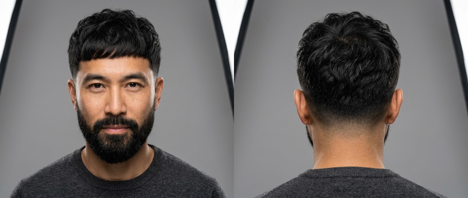 Mature Asian man with a thick beard modeling a textured wavy Edgar cut with a tight skin fade and a forward-swept piecey fringe.