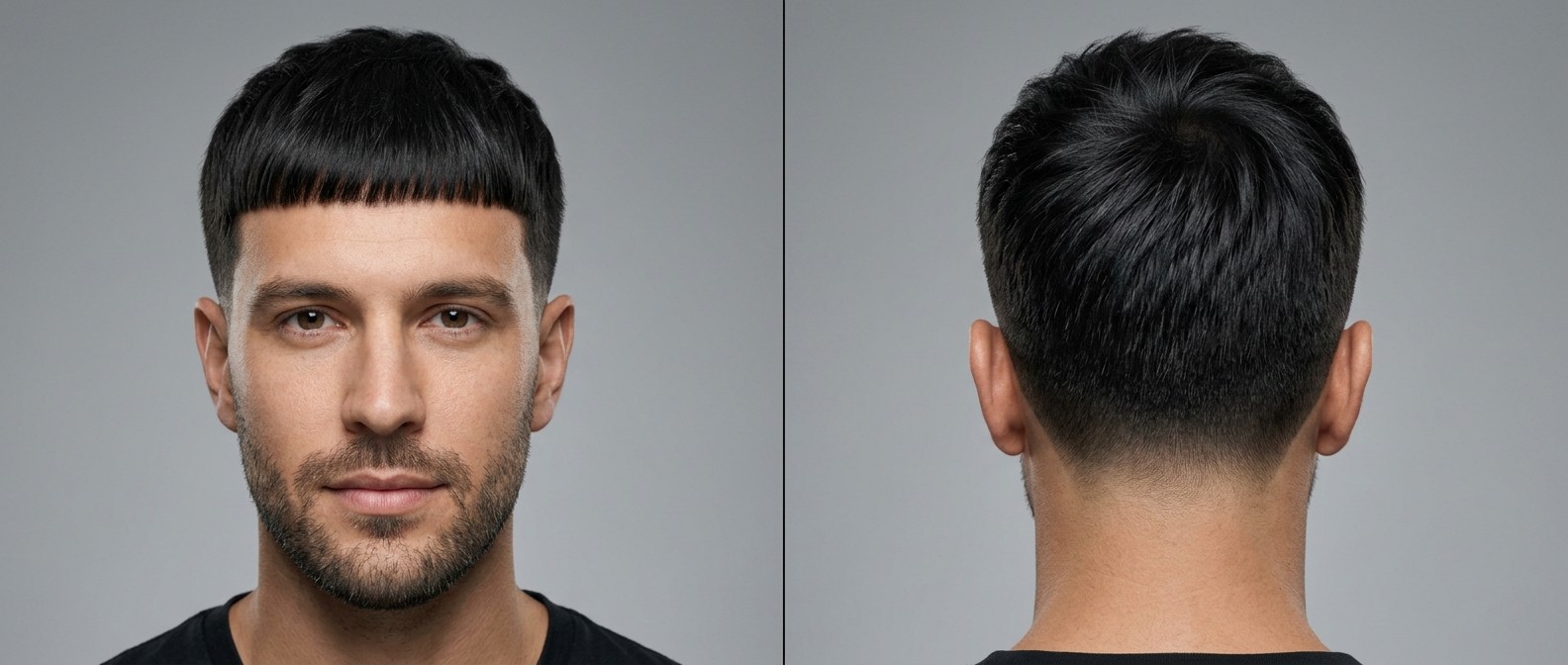 Front and back view of a young man with black straight hair modeling a classic Edgar cut featuring a blunt fringe and seamless taper fade.