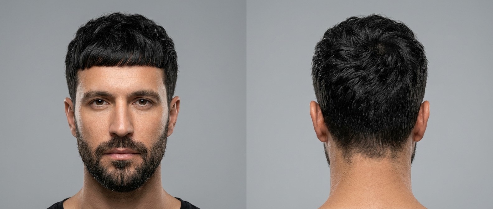 Front and back view of a 35-45 year old man with a wavy Edgar cut, featuring a blunt fringe, textured crown, dark hair, and tight tapered sides.