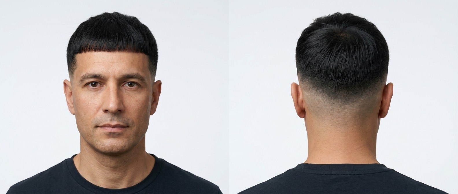 Front and back view of a mature man with a straight black Edgar cut, featuring a blunt fringe and high skin fade on a rectangular face.