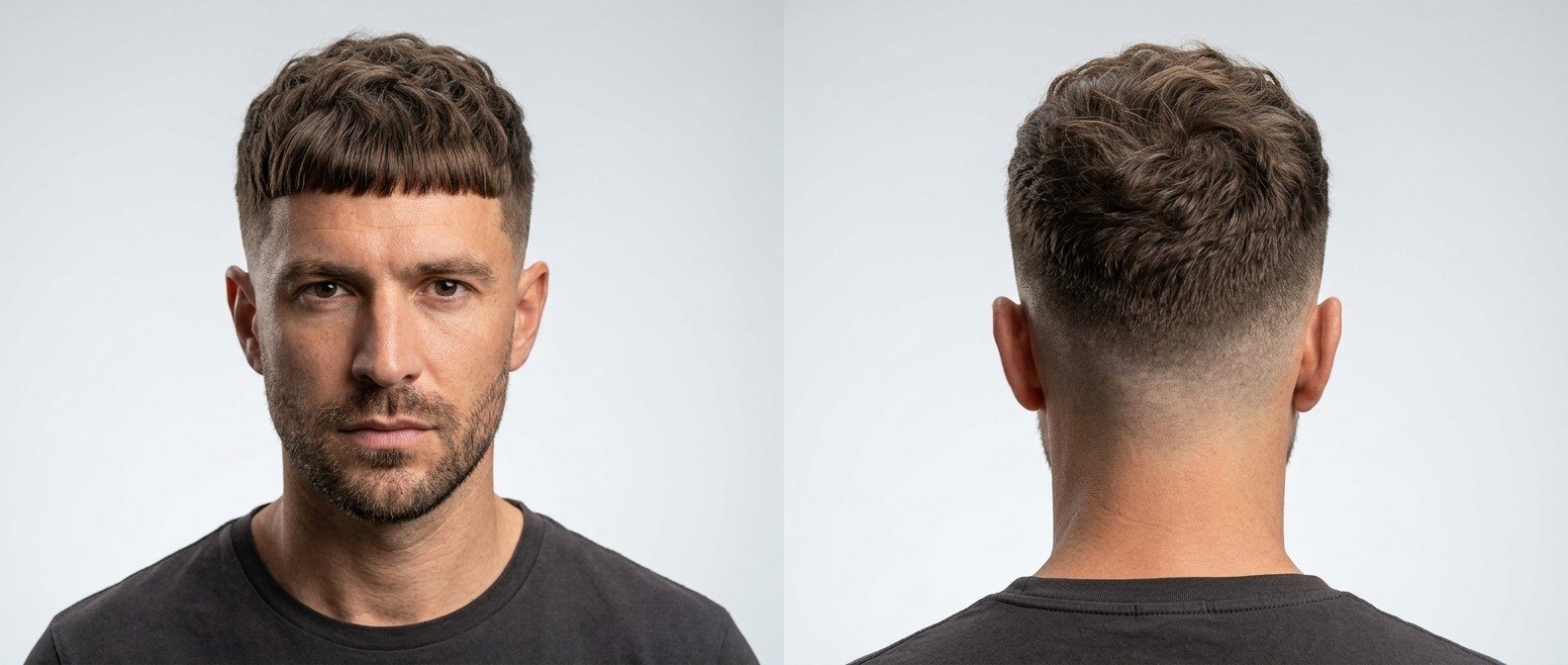 Front and back view of a Caucasian man with a textured wavy Edgar haircut featuring a blunt fringe, messy top, and sharp high skin fade.