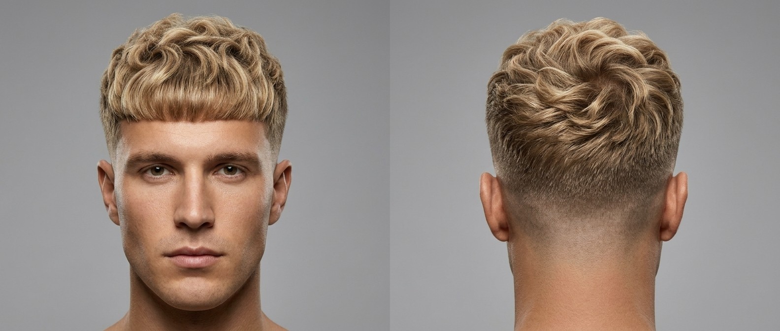 Front and back view of a blonde male model with a wavy Edgar haircut, featuring a sharp blunt fringe, heavily textured top, and mid-to-high skin fade.
