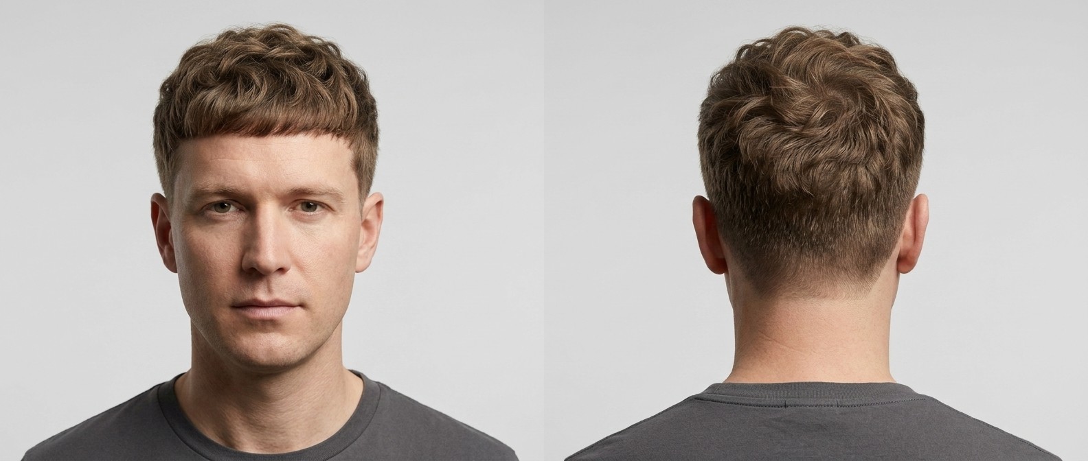 Front and back view of a man with a wavy textured Edgar cut, featuring a blunt fringe, thick layered top, and cleanly tapered shortened sides.