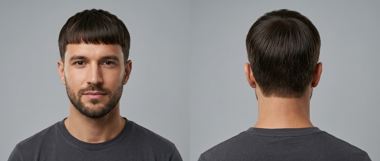 Front and back view of a Caucasian man with dark brown straight hair wearing a precise Edgar cut with a blunt fringe and tapered sides, paired with a short beard.