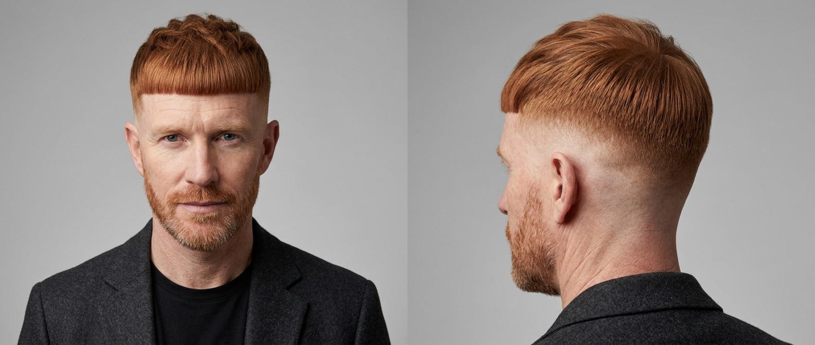 Mature man with red hair and a short beard modeling a bold Edgar cut with a blunt straight fringe and a high, disconnected bald skin fade.