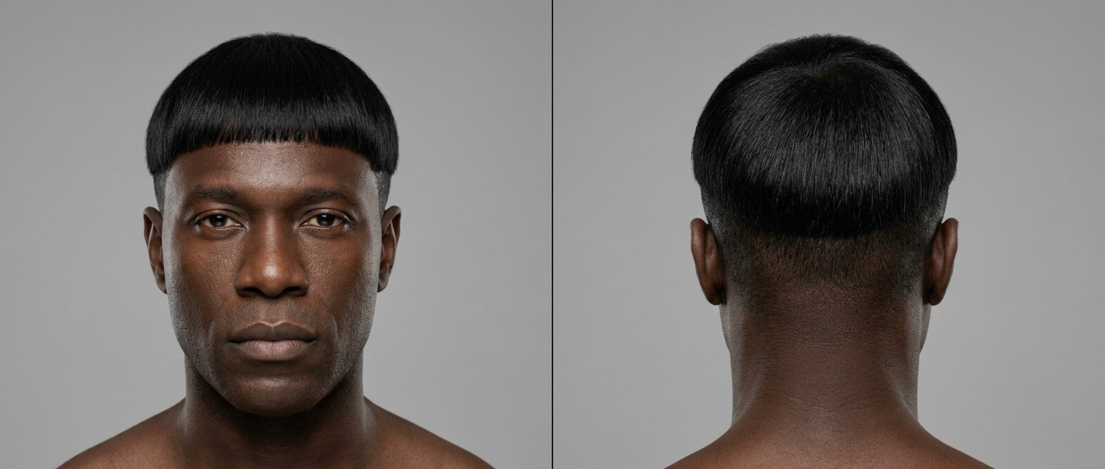 Front and back view of a Black man over 45 sporting a precision blunt Edgar cut with a heavy straight fringe and high skin-shaved disconnected undercut.