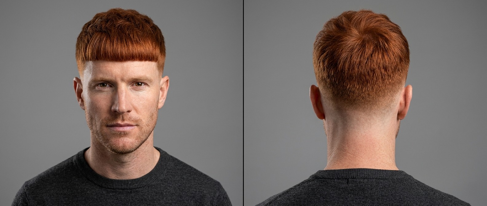 Front and back view of a man with thick red hair modeling a modern Edgar cut featuring a sharp blunt horizontal fringe and a high, tight skin fade.