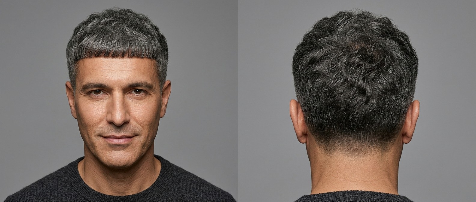 Front and back view of a mature man with olive skin and gray hair wearing a textured wavy Edgar cut with a blunt fringe and tapered sides.