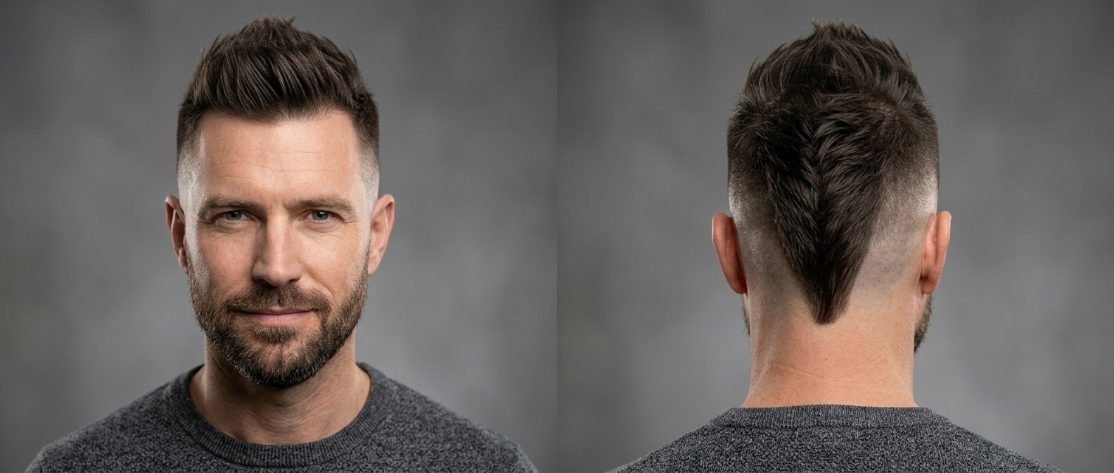 Front and back view of a mature man with a textured faux hawk haircut featuring a sharp V-shaped nape fade and a short, well-groomed beard.