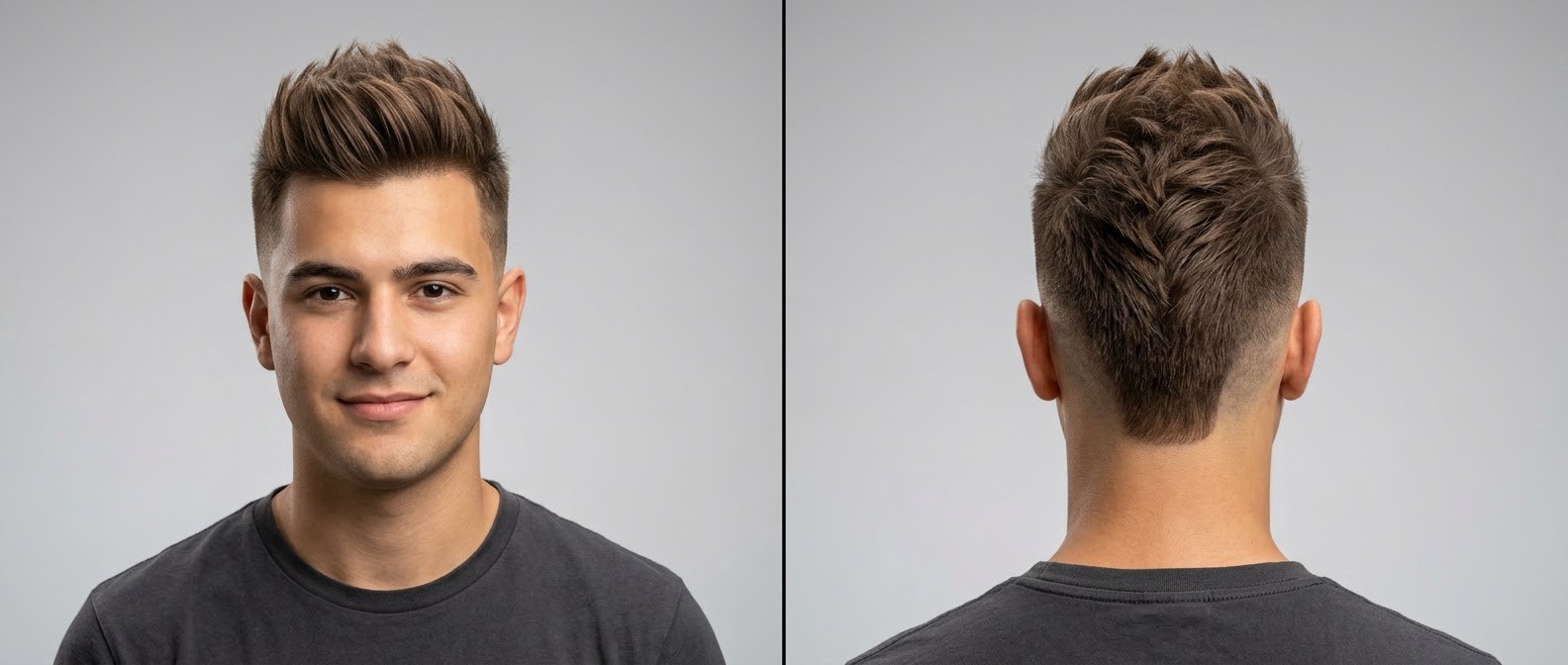 Front and back view of a young Caucasian man with a textured faux hawk haircut featuring a mid drop fade, matte finish, and a tapered V-shape neckline.