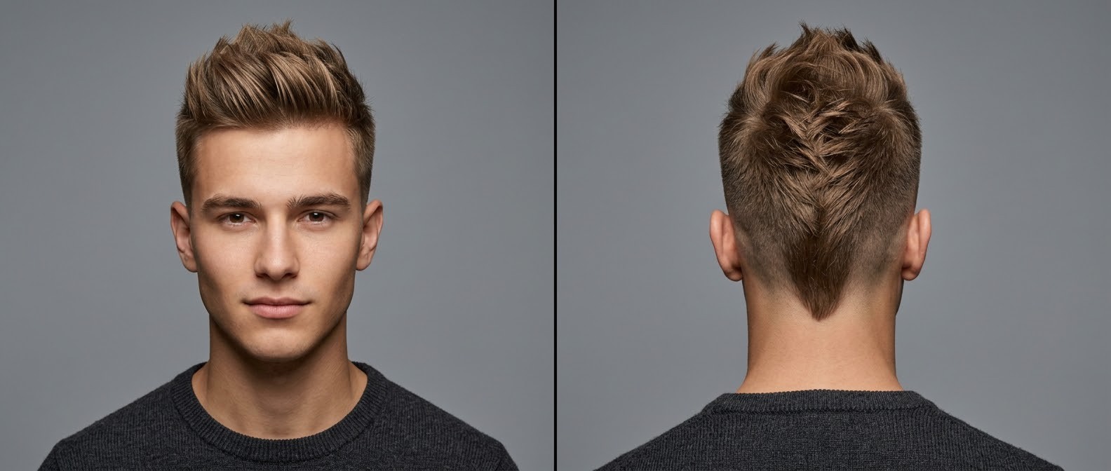 Front and back view of a young Caucasian man with a textured faux hawk hairstyle featuring short sides and a distinct V-shaped tapered neckline.