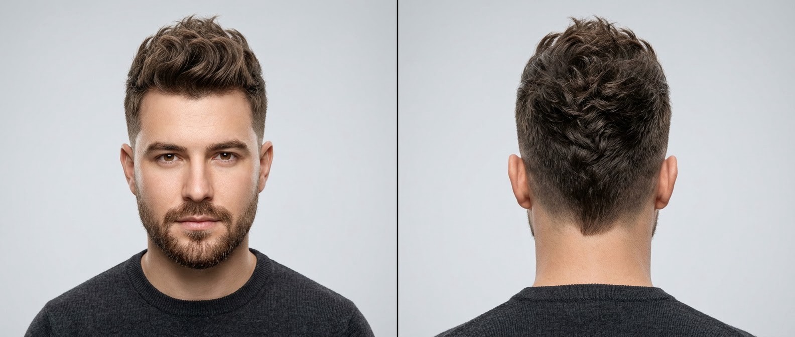 Front and back view of a Caucasian man with a short beard wearing a textured wavy faux hawk with faded sides and a V-shaped neckline.